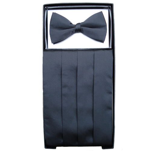 100% Silk Black Cummerbund & Pre Tied Bow Tie